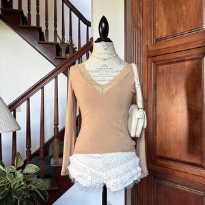 Gerard Darel Tan Brown Autumn Lace Trim Blouse Flowy Boho Earthy Cute